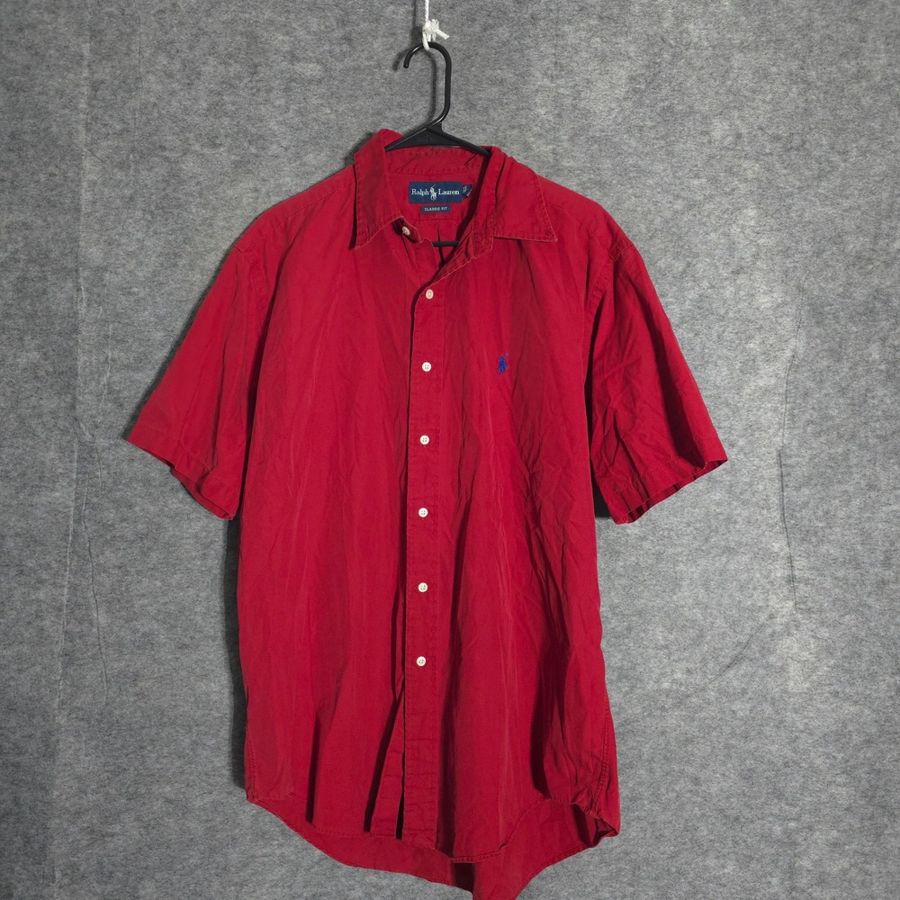 Ralph Lauren Button Down Men Large Red Short Sleeve Classic Fit Cotton Pony Logo